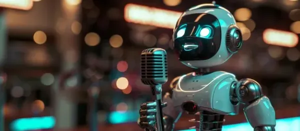 A robot situated in front of a microphone